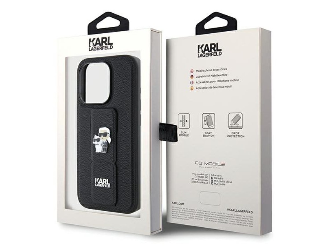 Karl Lagerfeld Gripstand Saffiano Karl&Choupette Pins case for iPhone 14 Pro - black