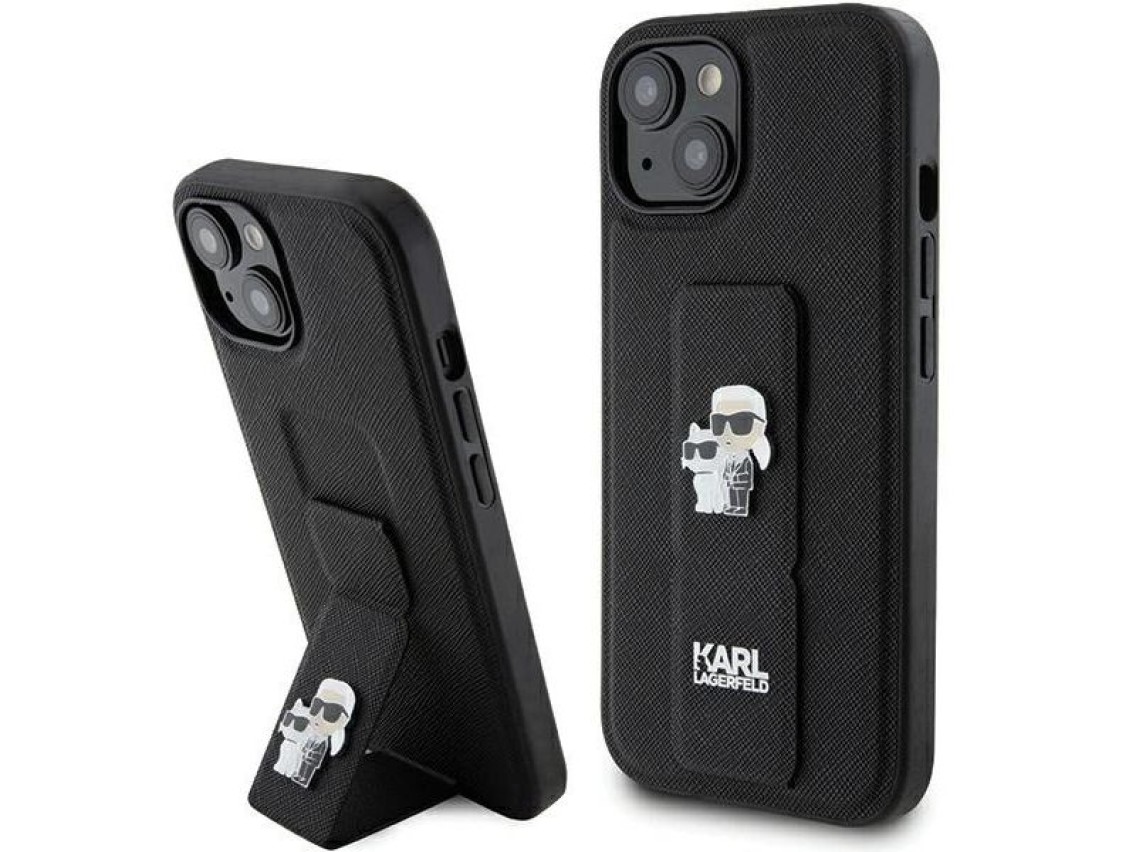 Funda Karl Lagerfeld Gripstand Saffiano Karl&Choupette Pins para iPhone 15 - negra