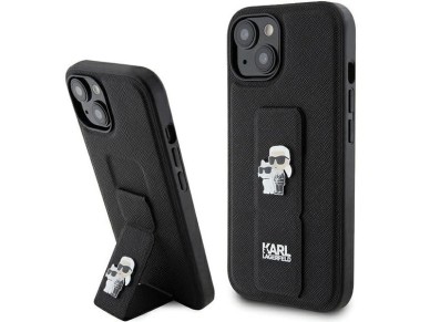 Karl Lagerfeld Gripstand Saffiano Karl&Choupette Pins case for iPhone 15 - black Karl Lagerfeld Gripstand Saffiano Karl&Choupette Pins case for iPhone 15 - black