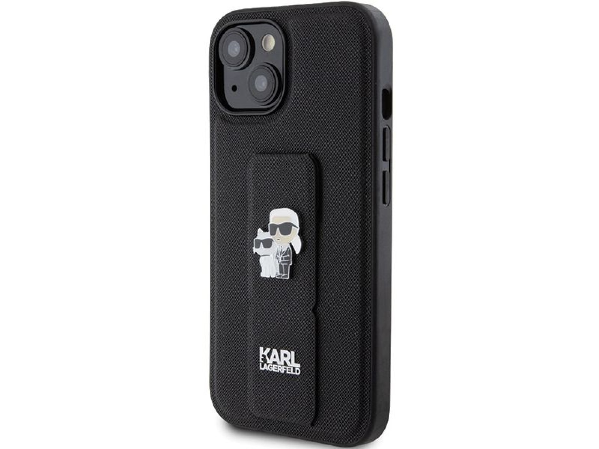 Funda Karl Lagerfeld Gripstand Saffiano Karl&Choupette Pins para iPhone 15 - negra