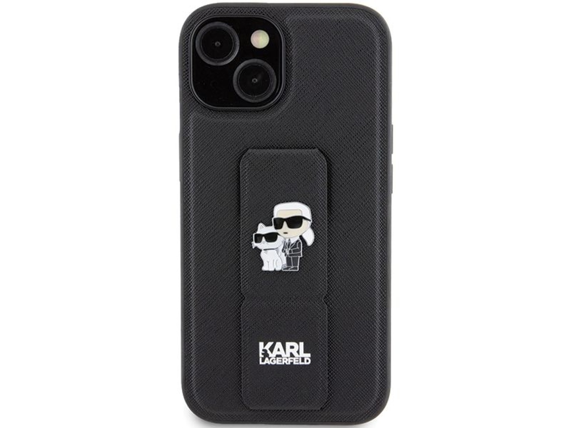 Funda Karl Lagerfeld Gripstand Saffiano Karl&Choupette Pins para iPhone 15 - negra