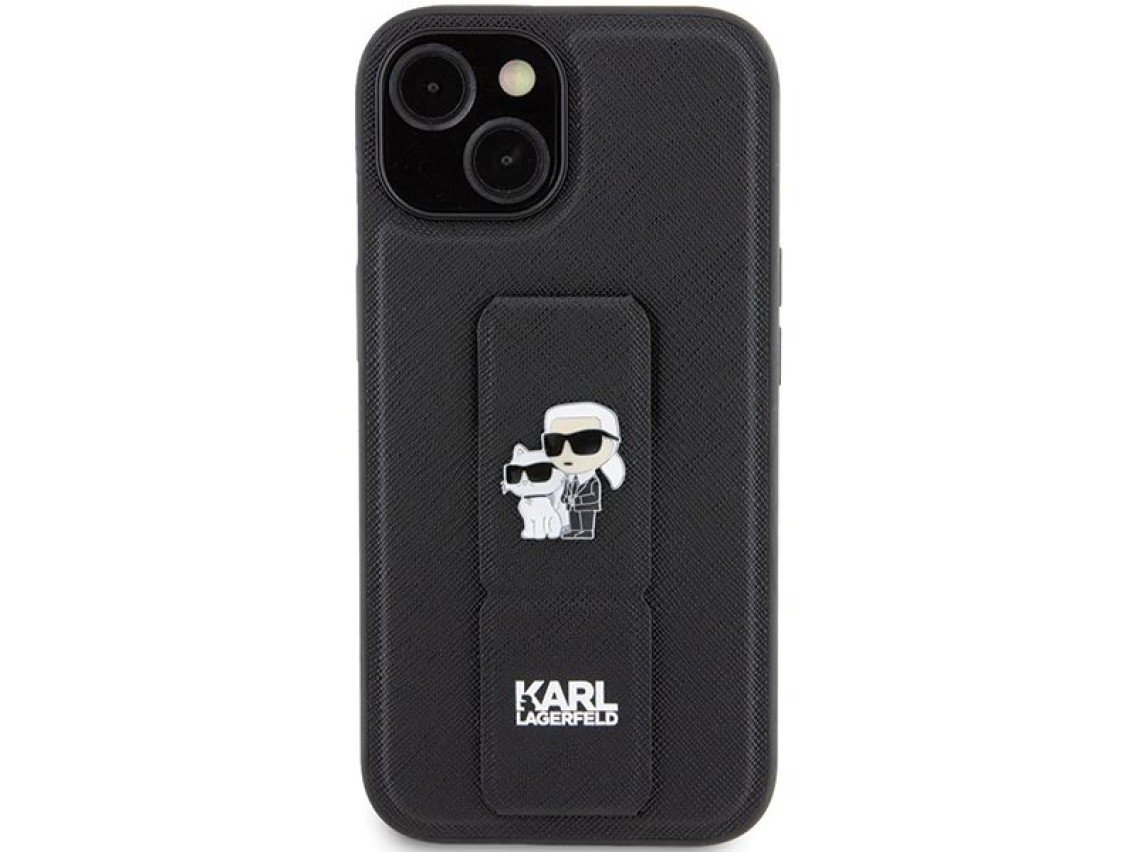 Funda Karl Lagerfeld Gripstand Saffiano Karl&Choupette Pins para iPhone 15 - negra