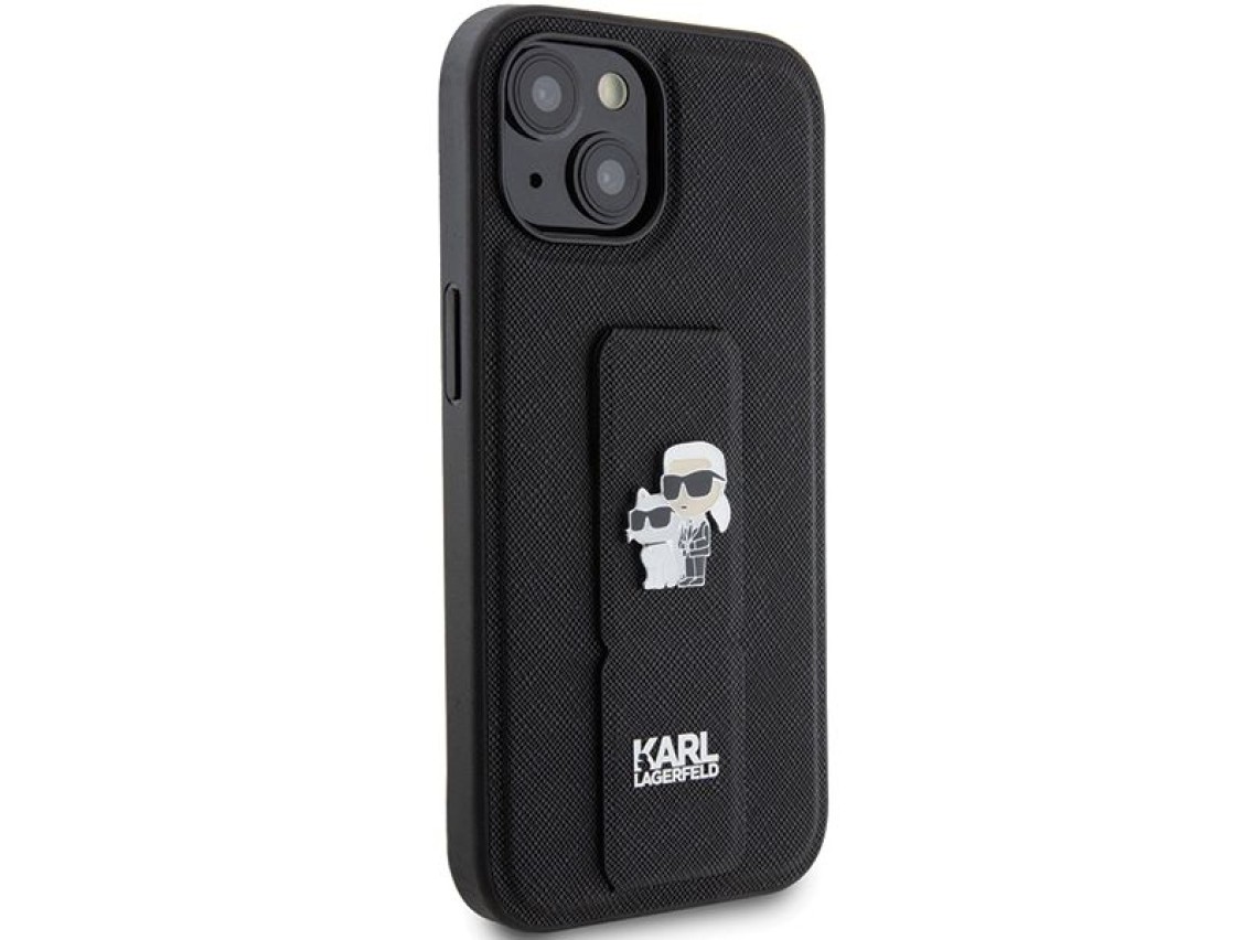 Funda Karl Lagerfeld Gripstand Saffiano Karl&Choupette Pins para iPhone 15 - negra