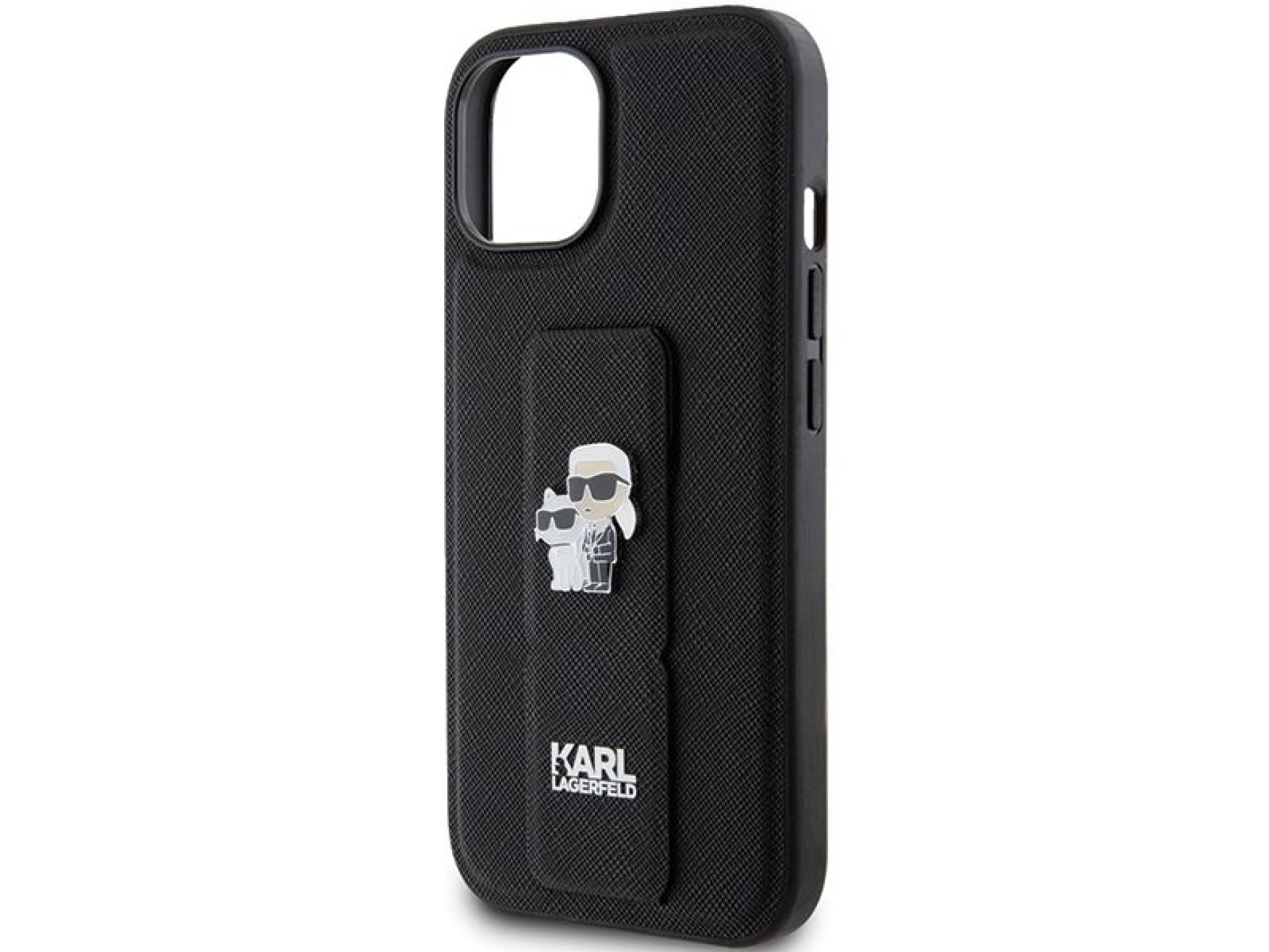 Funda Karl Lagerfeld Gripstand Saffiano Karl&Choupette Pins para iPhone 15 - negra