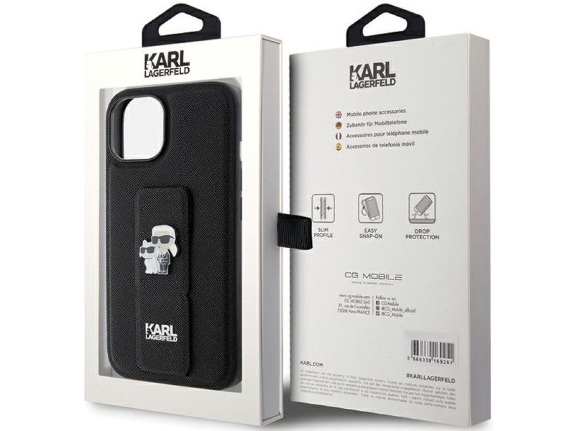 Funda Karl Lagerfeld Gripstand Saffiano Karl&Choupette Pins para iPhone 15 - negra