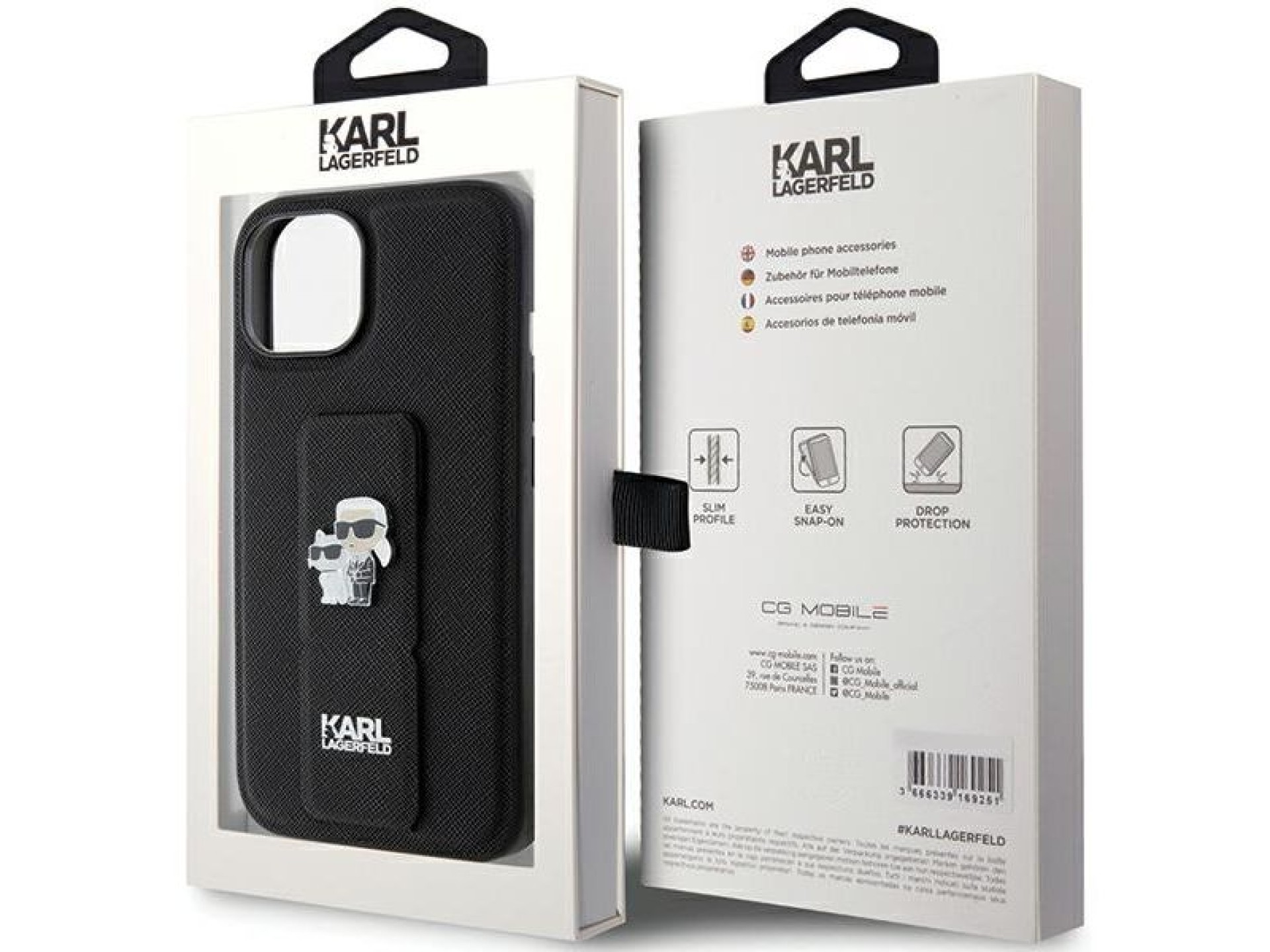 Funda Karl Lagerfeld Gripstand Saffiano Karl&Choupette Pins para iPhone 15 - negra