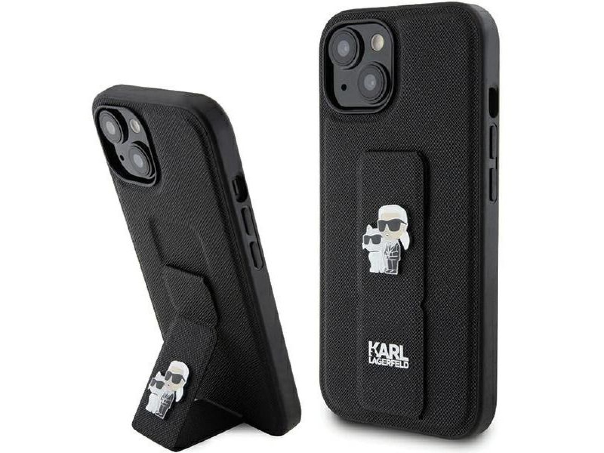 Funda Karl Lagerfeld Gripstand Saffiano Karl&Choupette Pins para iPhone 15 Plus / 14 Plus - negra
