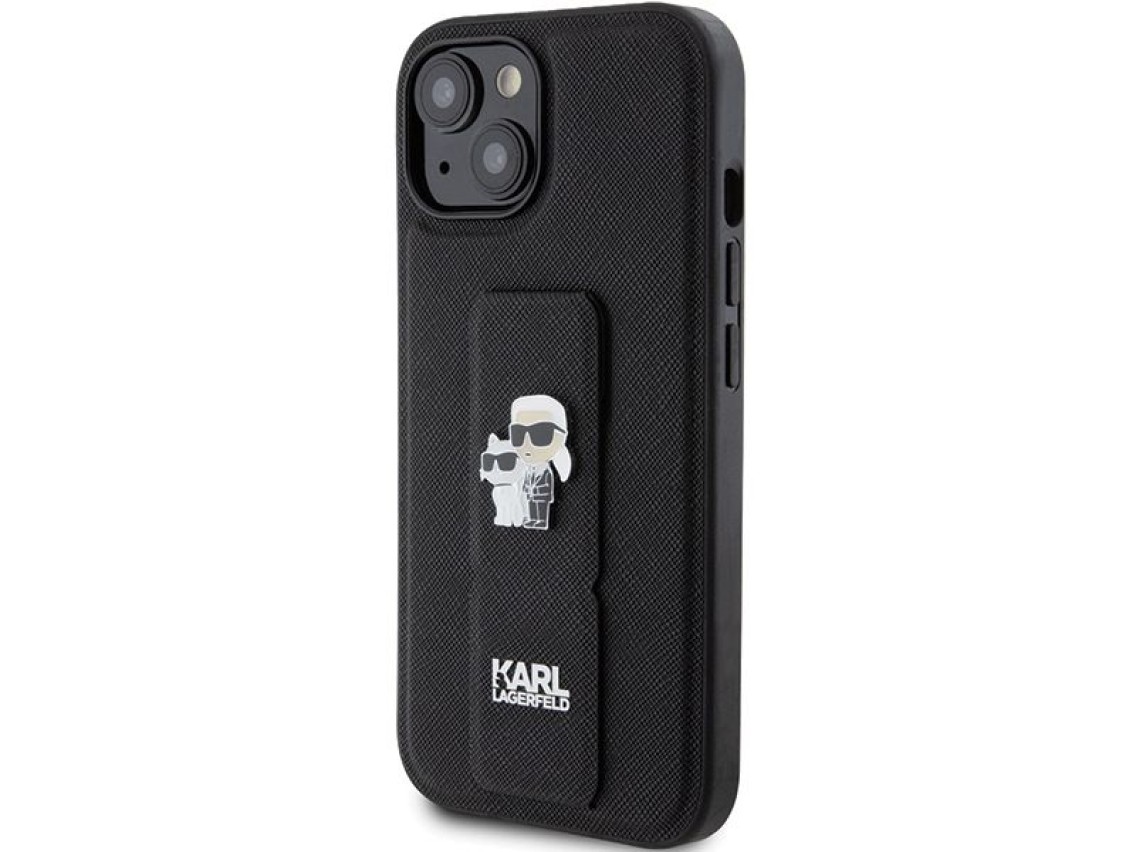 Funda Karl Lagerfeld Gripstand Saffiano Karl&Choupette Pins para iPhone 15 Plus / 14 Plus - negra