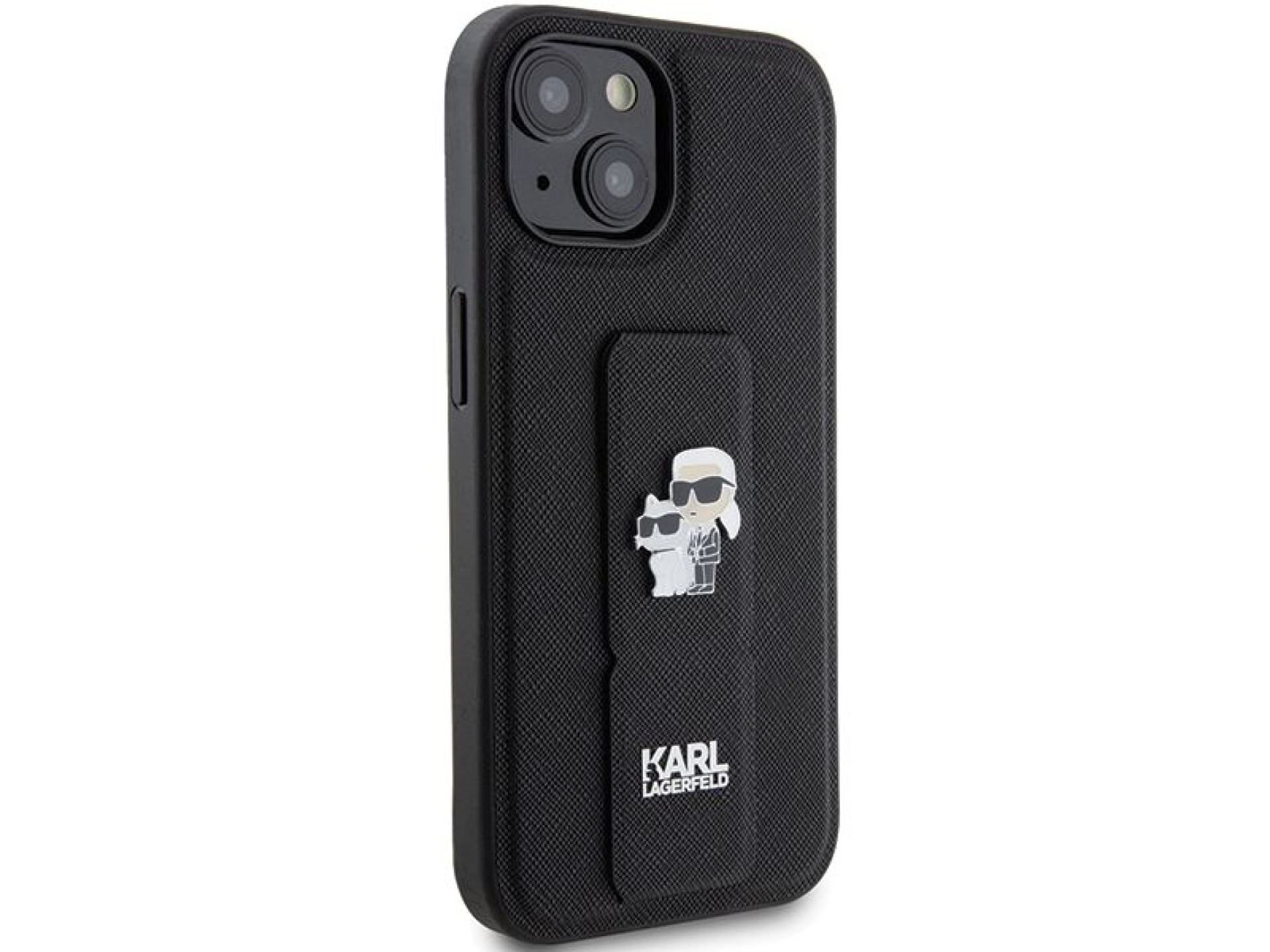 Funda Karl Lagerfeld Gripstand Saffiano Karl&Choupette Pins para iPhone 15 Plus / 14 Plus - negra