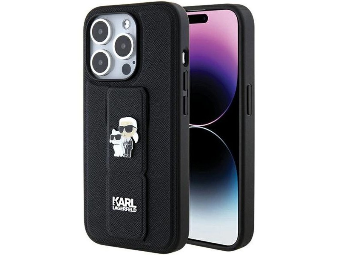 Karl Lagerfeld Gripstand Saffiano Karl&Choupette Pins case for iPhone 15 Pro - black