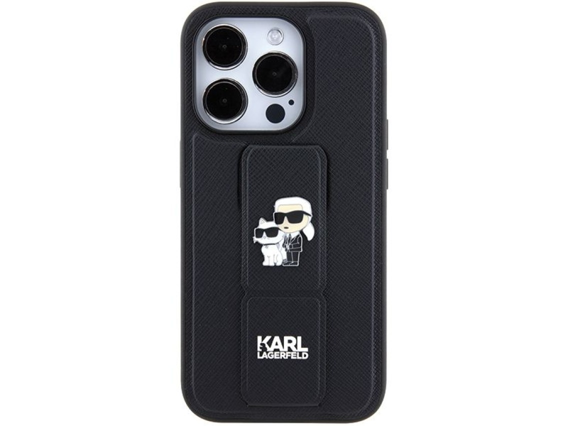 Karl Lagerfeld Gripstand Saffiano Karl&Choupette Pins case for iPhone 15 Pro - black