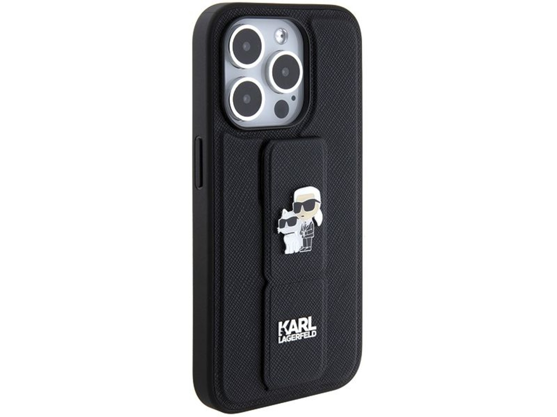 Karl Lagerfeld Gripstand Saffiano Karl&Choupette Pins case for iPhone 15 Pro - black