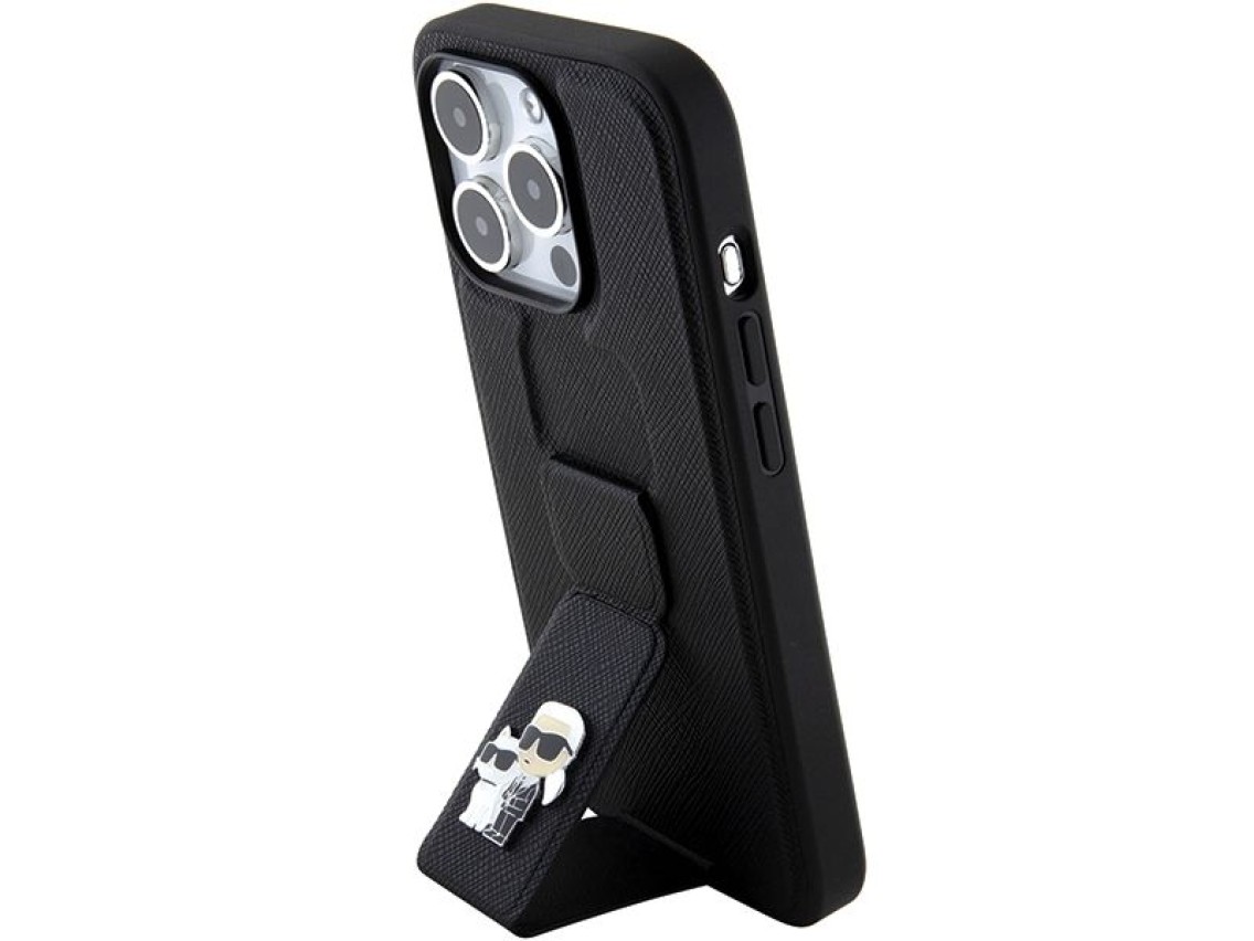 Capa Karl Lagerfeld Gripstand Saffiano Karl&Choupette Pins para iPhone 15 Pro Max - preta