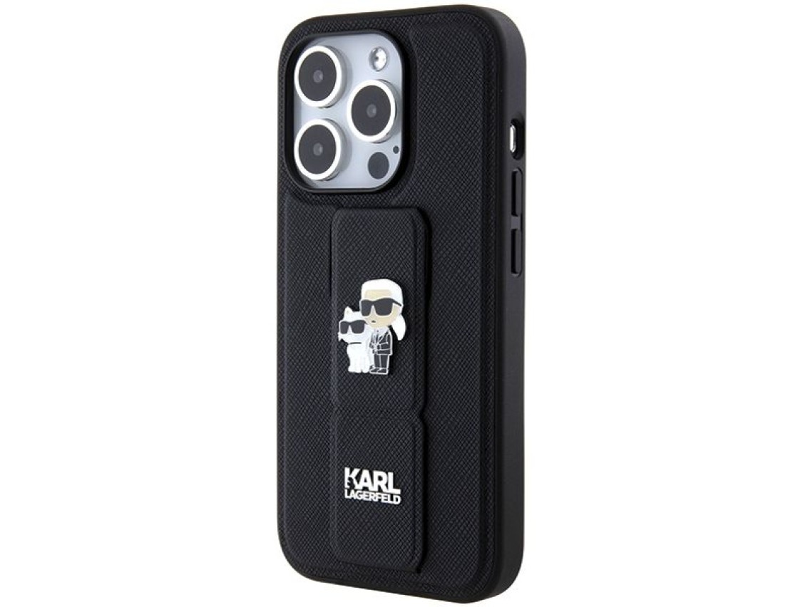 Capa Karl Lagerfeld Gripstand Saffiano Karl&Choupette Pins para iPhone 15 Pro Max - preta
