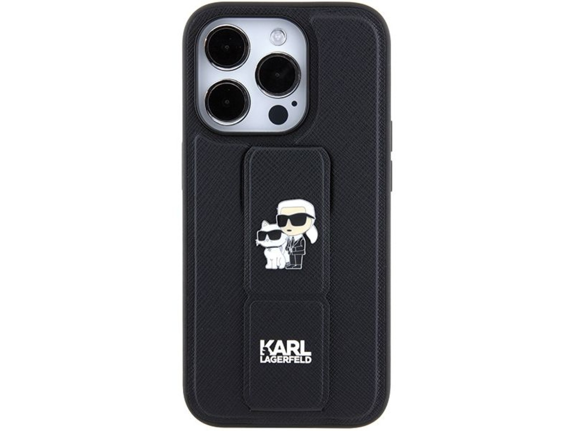 Capa Karl Lagerfeld Gripstand Saffiano Karl&Choupette Pins para iPhone 15 Pro Max - preta