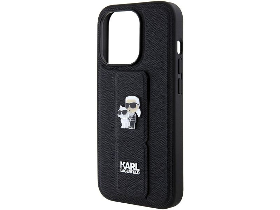 Capa Karl Lagerfeld Gripstand Saffiano Karl&Choupette Pins para iPhone 15 Pro Max - preta