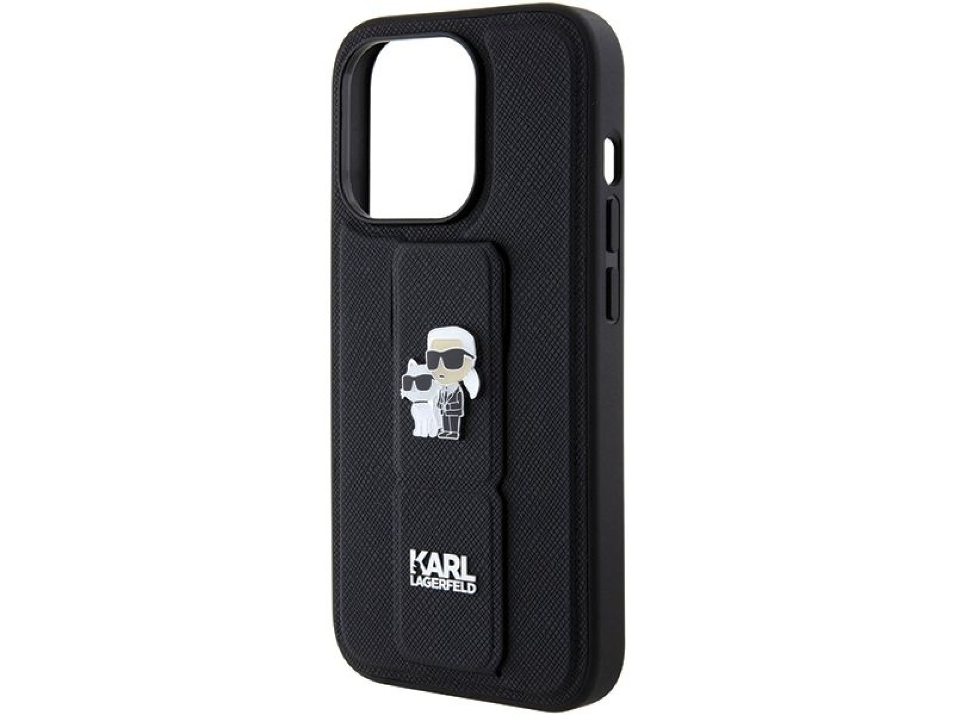 Capa Karl Lagerfeld Gripstand Saffiano Karl&Choupette Pins para iPhone 15 Pro Max - preta