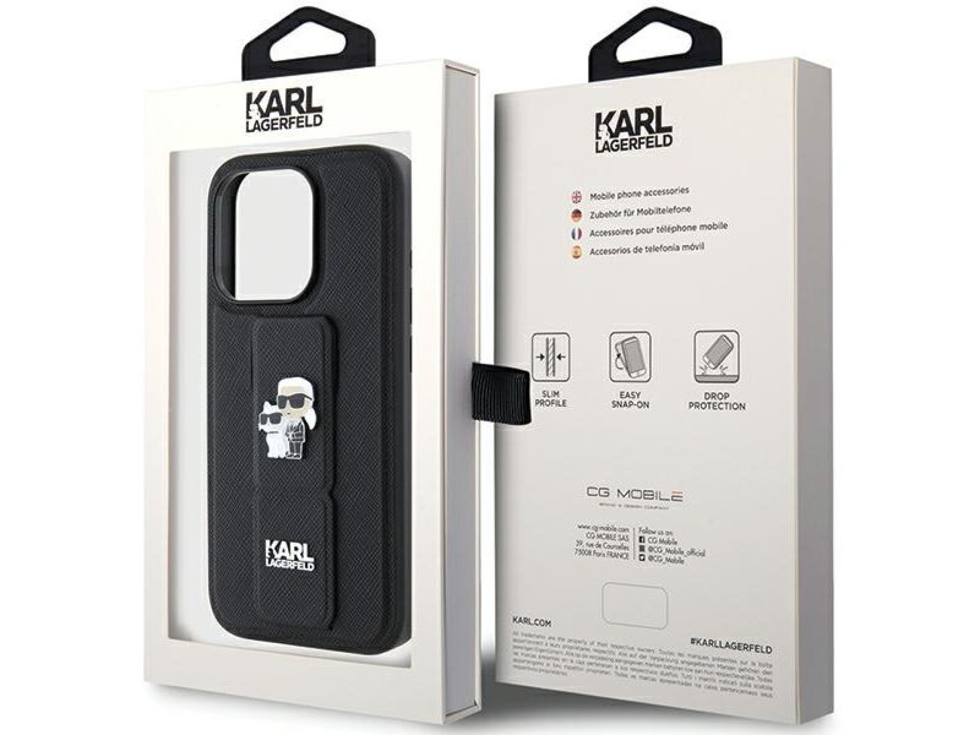 Capa Karl Lagerfeld Gripstand Saffiano Karl&Choupette Pins para iPhone 15 Pro Max - preta