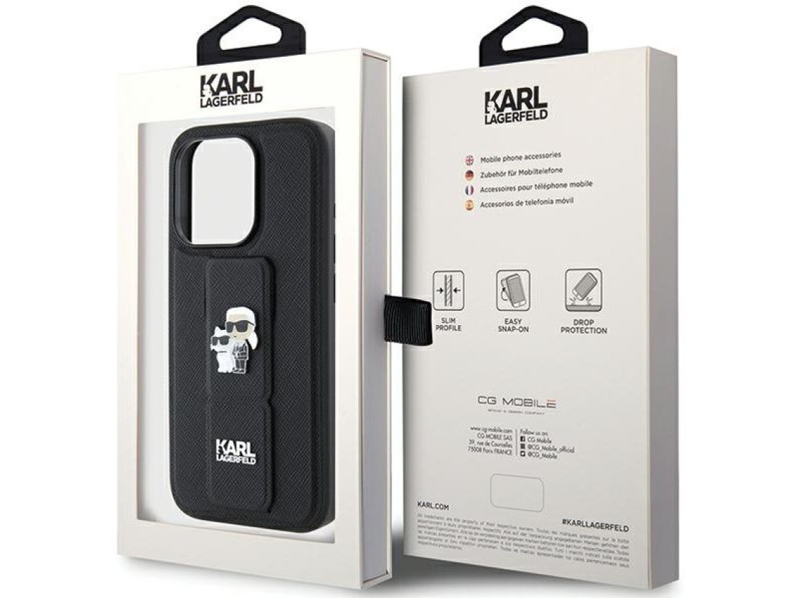 Capa Karl Lagerfeld Gripstand Saffiano Karl&Choupette Pins para iPhone 15 Pro Max - preta