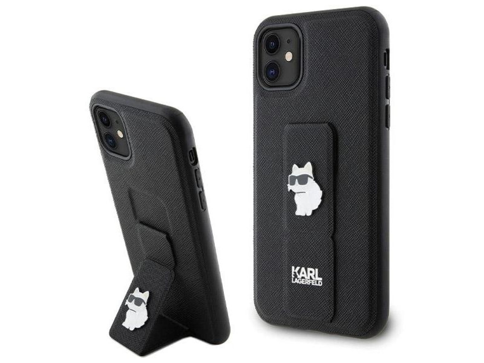 Capa Karl Lagerfeld Gripstand Saffiano Choupette Pins para iPhone 11 / Xr - Preta