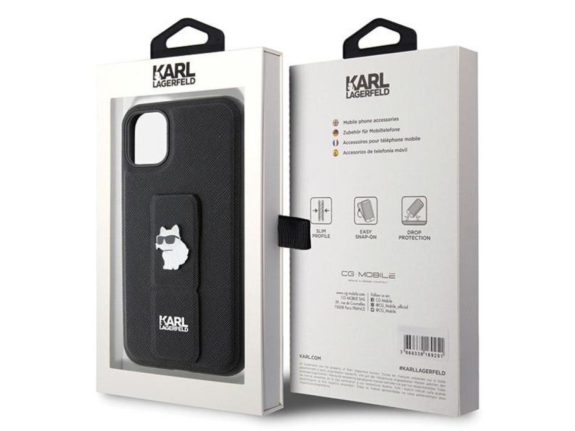Capa Karl Lagerfeld Gripstand Saffiano Choupette Pins para iPhone 11 / Xr - Preta