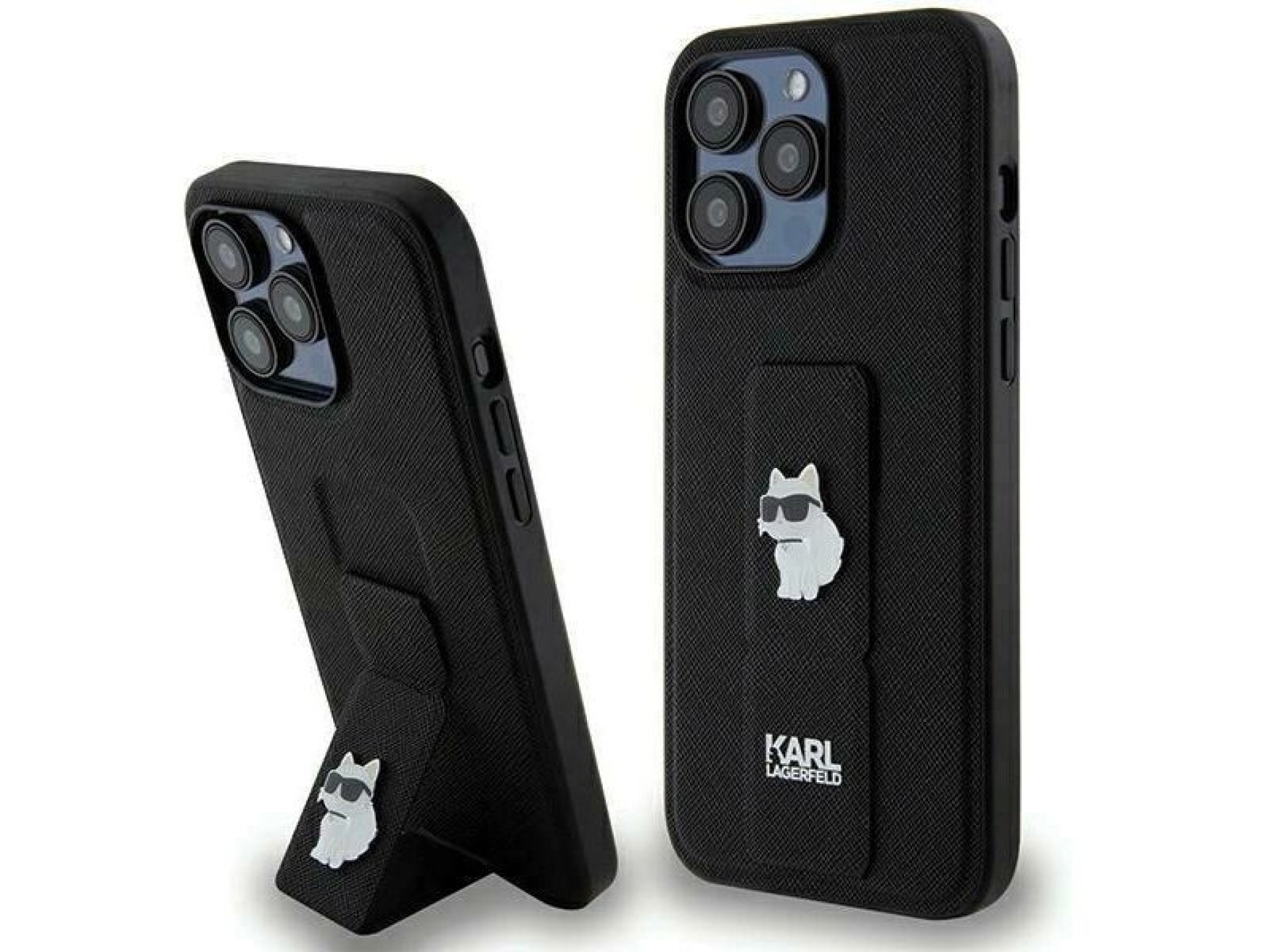 Karl Lagerfeld Gripstand Saffiano Choupette Pins Case for iPhone 13 Pro / 13 - Black