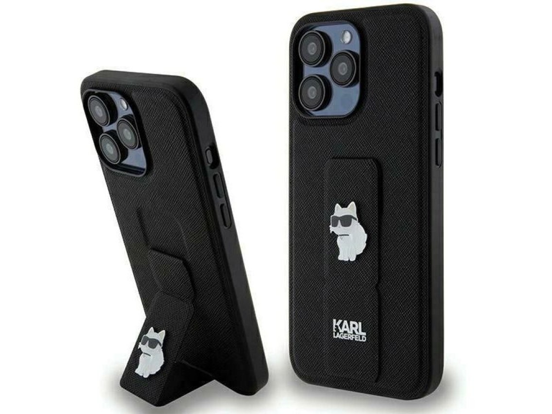 Karl Lagerfeld Gripstand Saffiano Choupette Pins Case for iPhone 13 Pro / 13 - Black