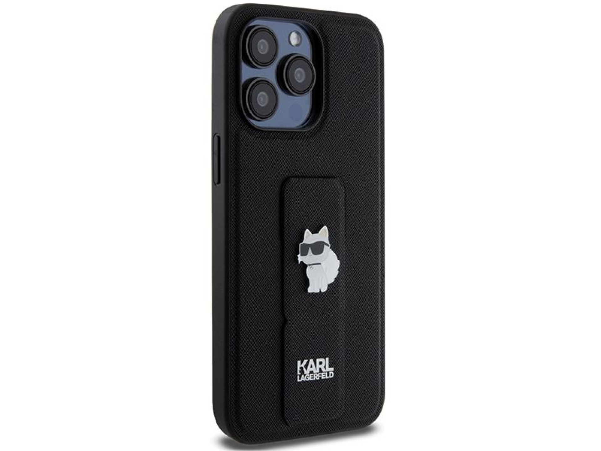 Karl Lagerfeld Gripstand Saffiano Choupette Pins Case for iPhone 13 Pro / 13 - Black