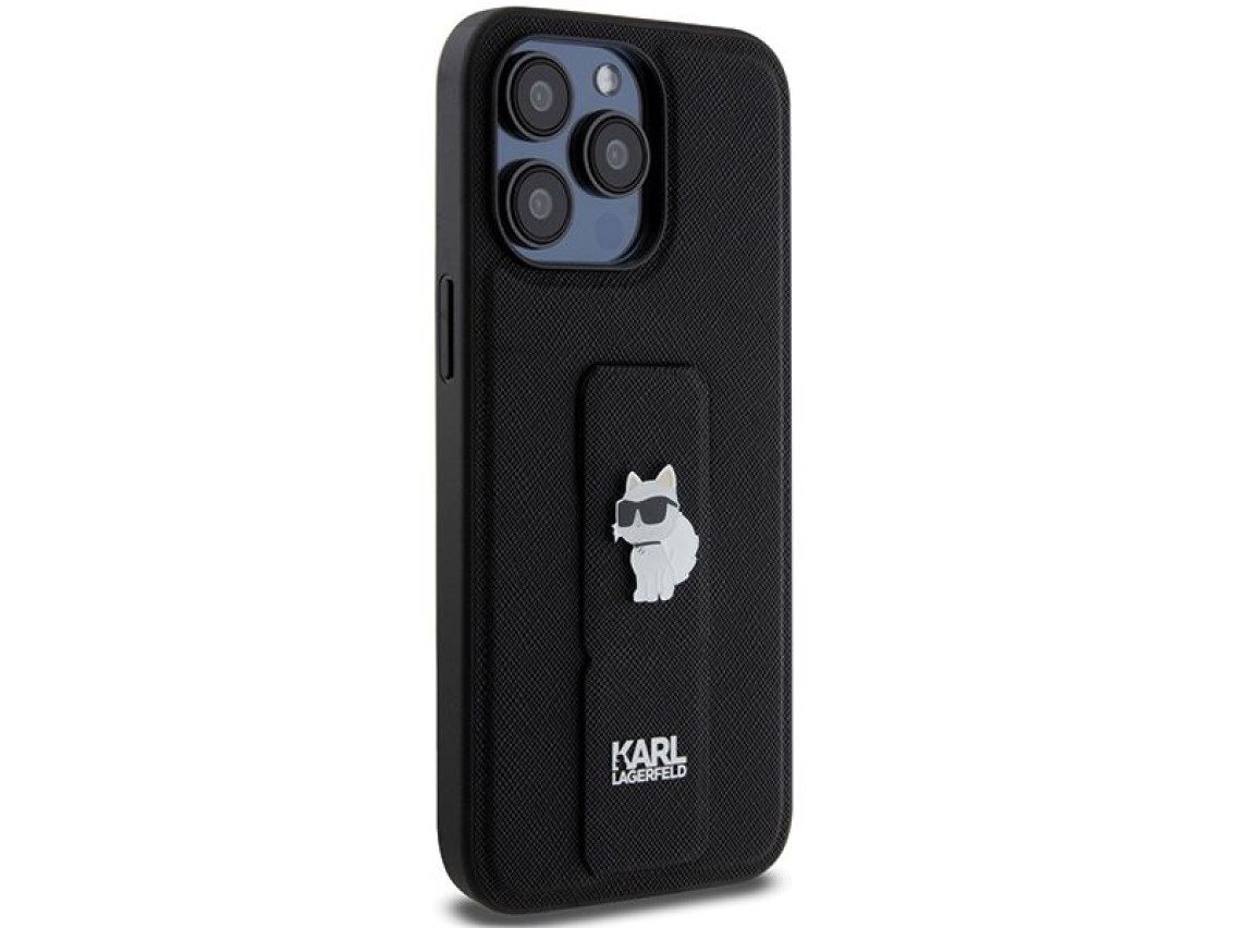 Karl Lagerfeld Gripstand Saffiano Choupette Pins Case for iPhone 13 Pro / 13 - Black