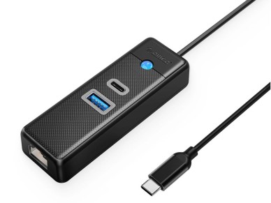 Hub USB Orico PW3UR25-C3 de 3 puertos: 1 puerto USB-A 3.0, 1 puerto USB-C 3.0, 1 puerto RJ45 Etherne