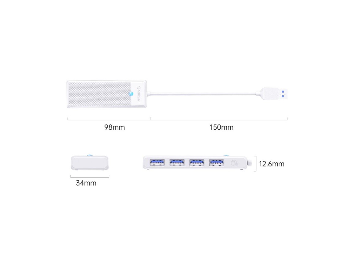 Hub USB Orico PAPW4A-U3 com 4 portas (4x USB-A 3.0) e cabo de 1,8 m - branco