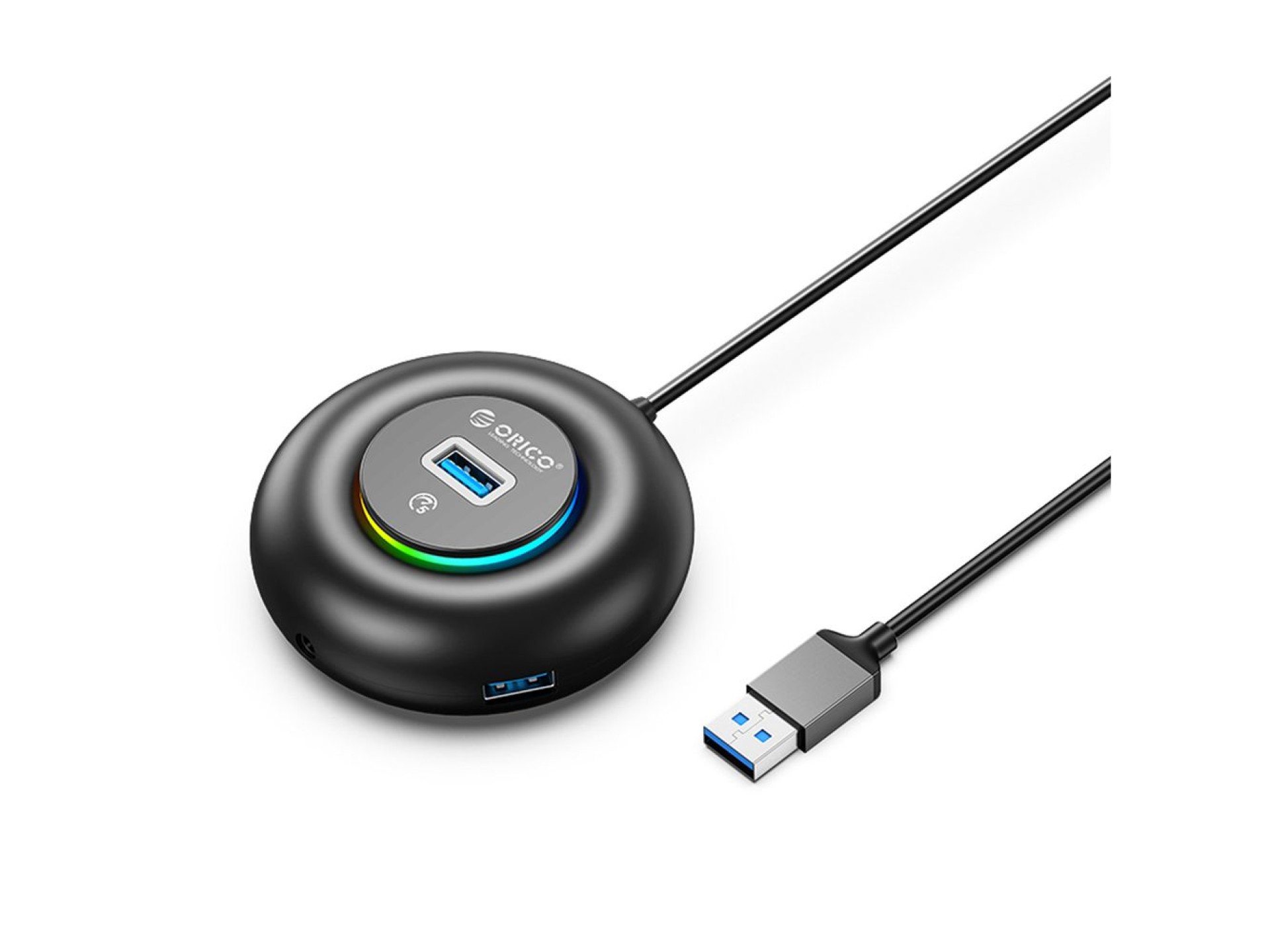 Hub USB RGB Orico YXR4-U3 com 4 portas USB-A 3.0 e entrada para áudio/microfone (0,3 m) - Preto