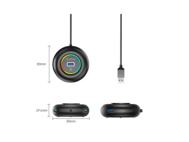 Hub USB RGB Orico YXR4-U3 com 4 portas USB-A 3.0 e entrada para �udio/microfone (0,3 m) - Preto