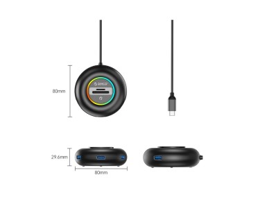 Hub USB Orico YXR5-C3 RGB de 4 puertos USB-A 3.0 con lector de tarjetas SD y microSD de 1,8 m - Negr