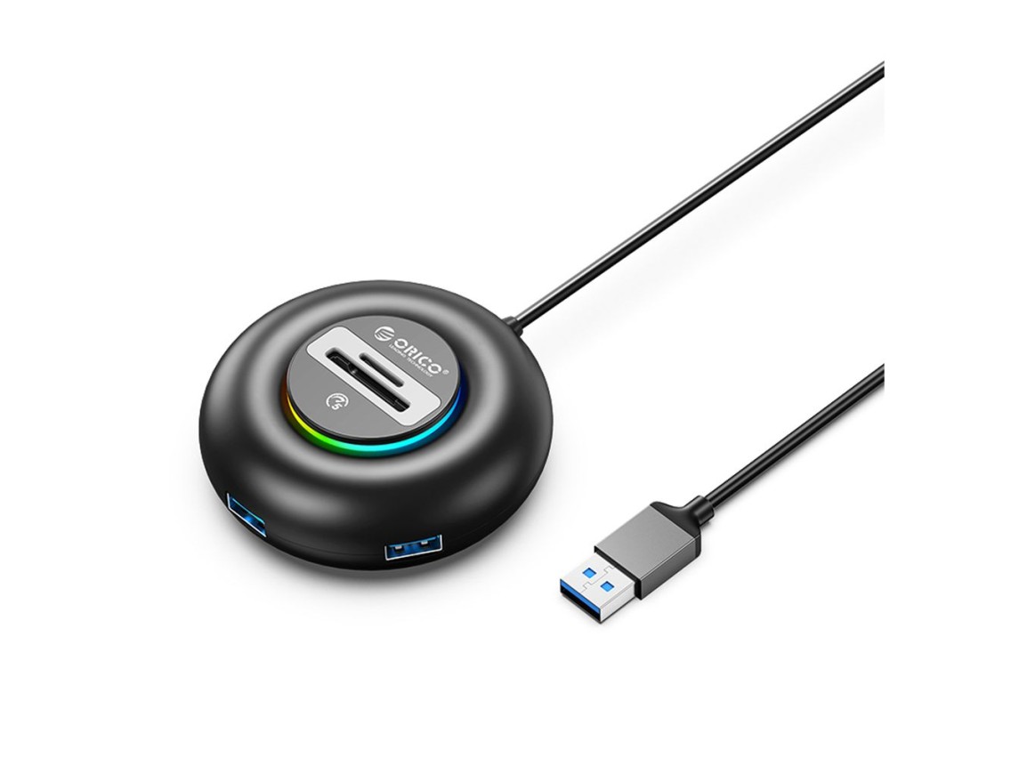 Hub USB Orico YXR4 RGB de 4 puertos USB-A 3.0 con lector de tarjetas SD y microSD de 1,8 m - Negro