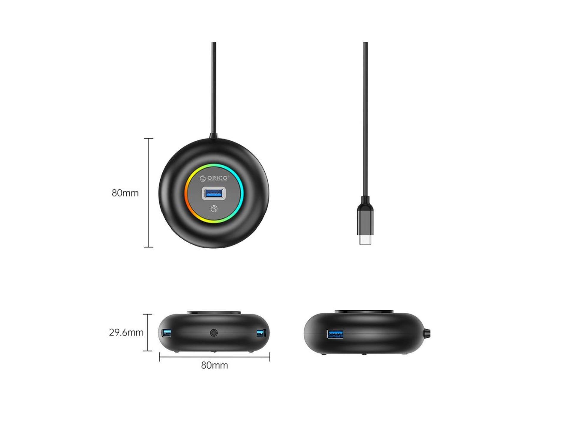 Hub USB Orico YXR4-C3 RGB de 4 puertos USB-A 3.0 con puerto de audio/micrófono de 1,8 m - Negro
