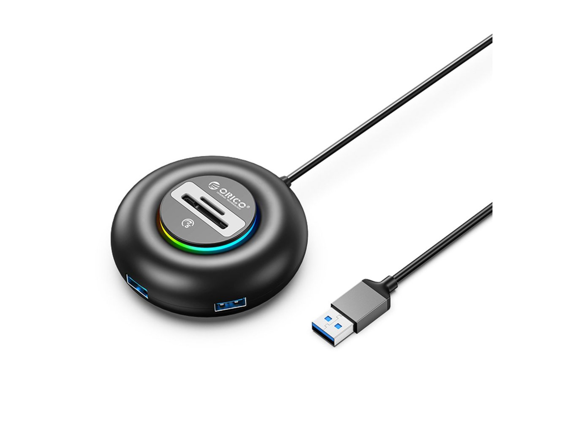Hub USB Orico YXR4 RGB de 4 puertos USB-A 3.0 con lector de tarjetas SD y microSD de 1,8 m - Negro