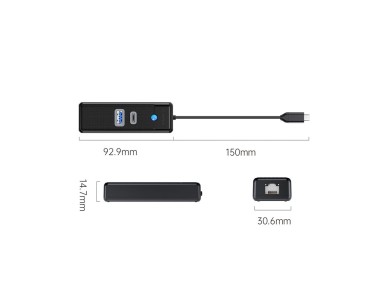 Hub USB Orico PWCUR-C3 de 3 puertos: 1 puerto USB-A 3.0, 1 puerto USB-C 3.0, 1 puerto RJ45 Gigabit E