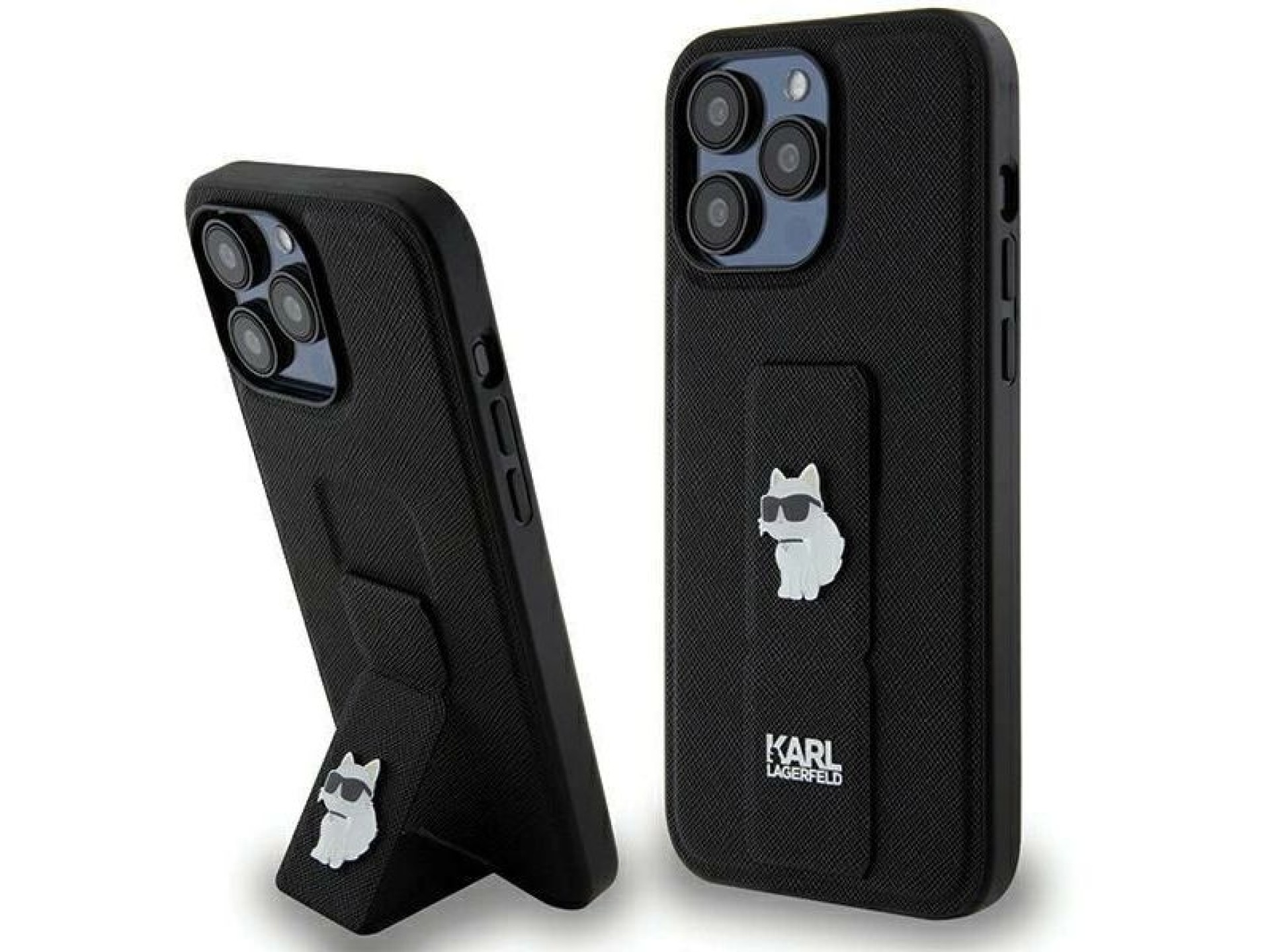 Capa Karl Lagerfeld Gripstand Saffiano Choupette Pins para iPhone 13 Pro Max - preta