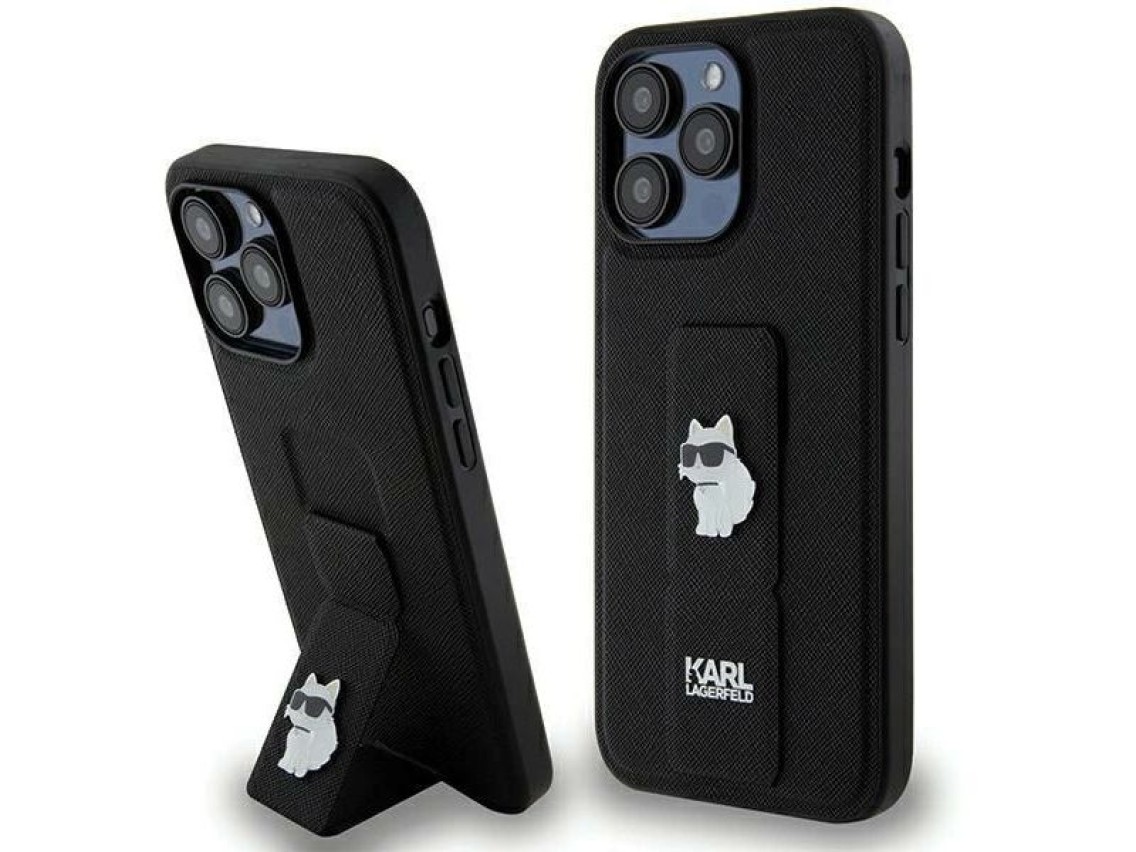 Capa Karl Lagerfeld Gripstand Saffiano Choupette Pins para iPhone 13 Pro Max - preta