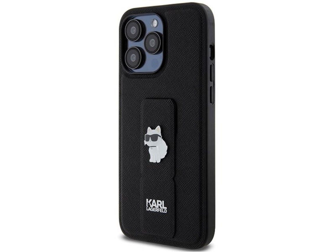 Capa Karl Lagerfeld Gripstand Saffiano Choupette Pins para iPhone 13 Pro Max - preta