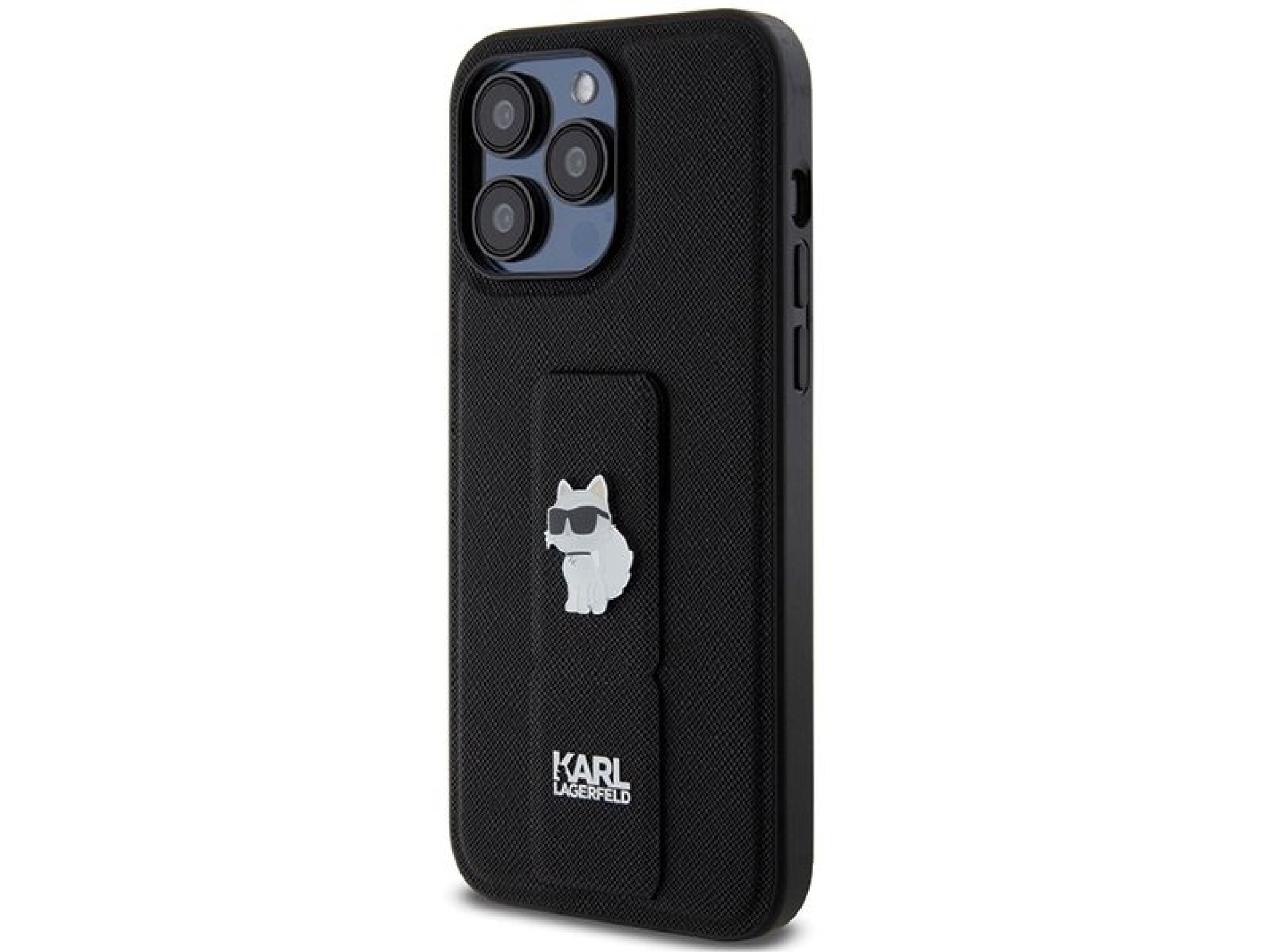 Capa Karl Lagerfeld Gripstand Saffiano Choupette Pins para iPhone 13 Pro Max - preta