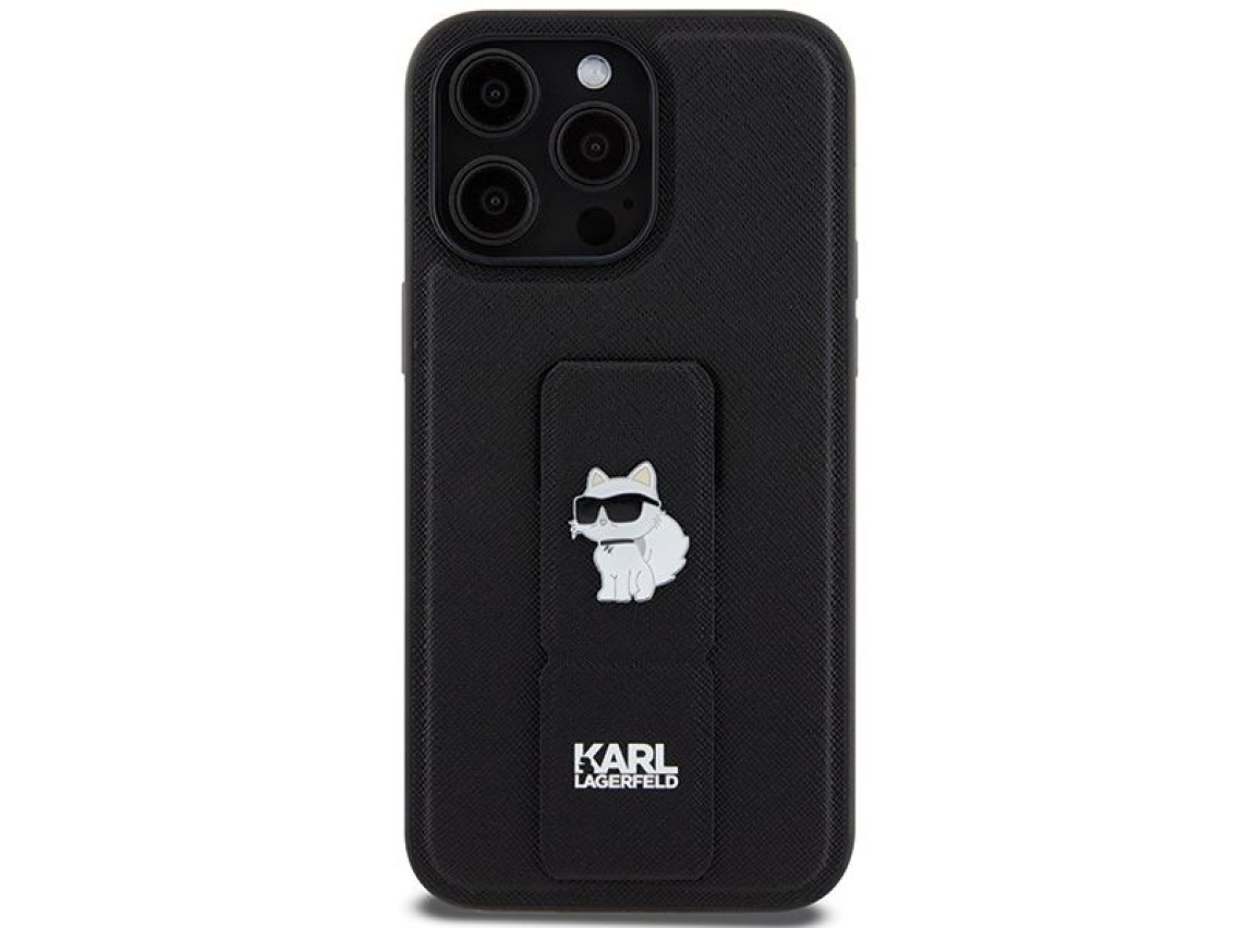 Capa Karl Lagerfeld Gripstand Saffiano Choupette Pins para iPhone 13 Pro Max - preta