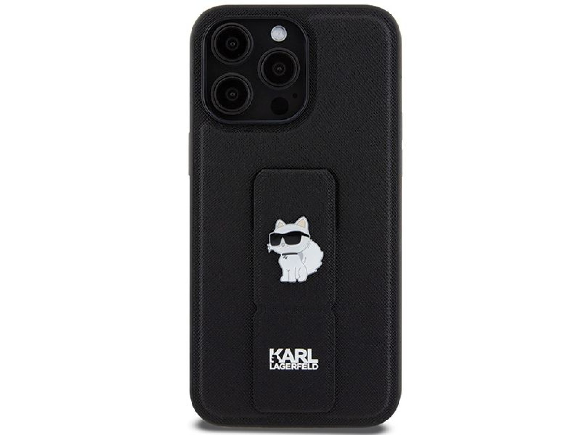 Capa Karl Lagerfeld Gripstand Saffiano Choupette Pins para iPhone 13 Pro Max - preta