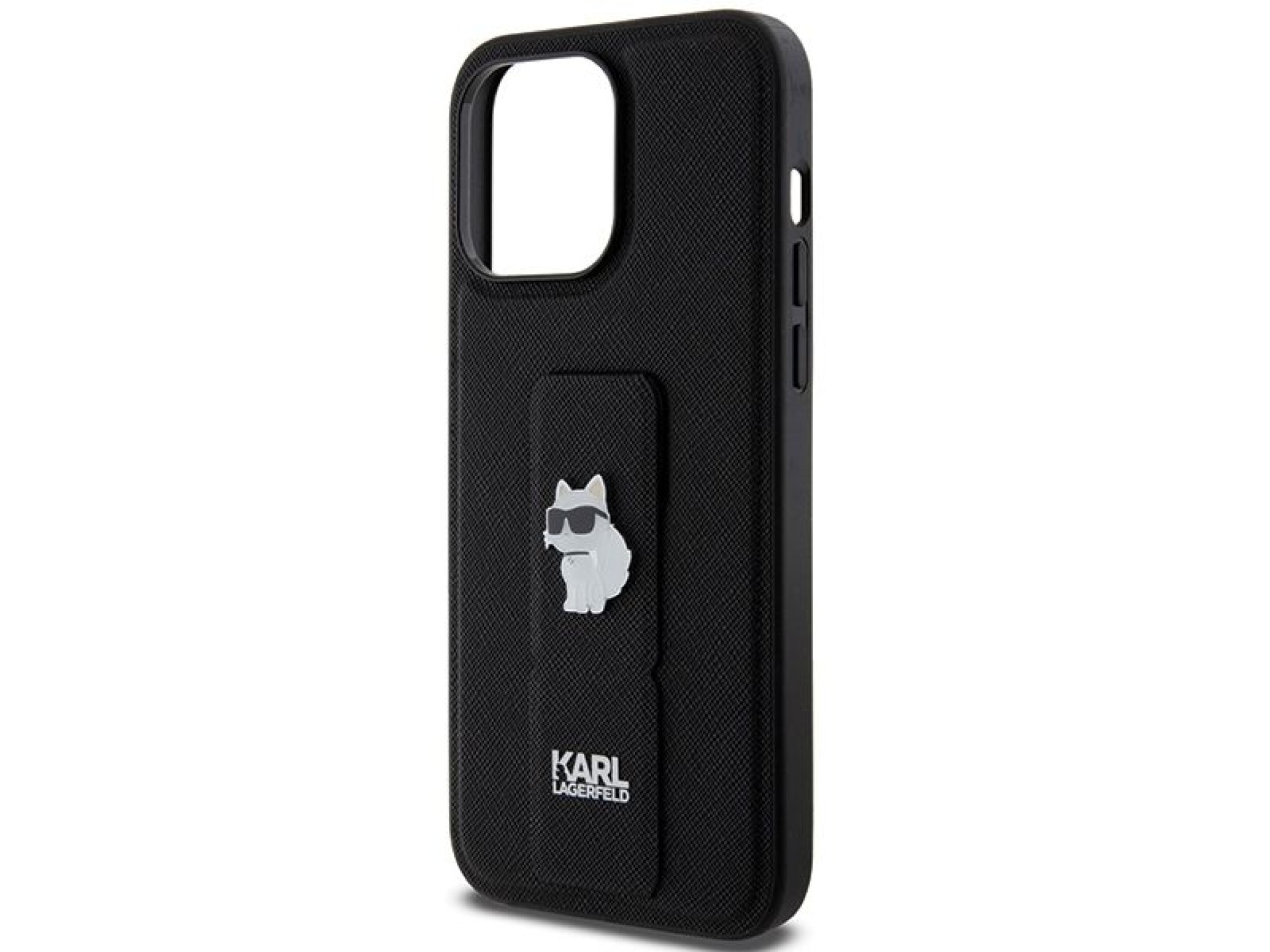 Capa Karl Lagerfeld Gripstand Saffiano Choupette Pins para iPhone 13 Pro Max - preta