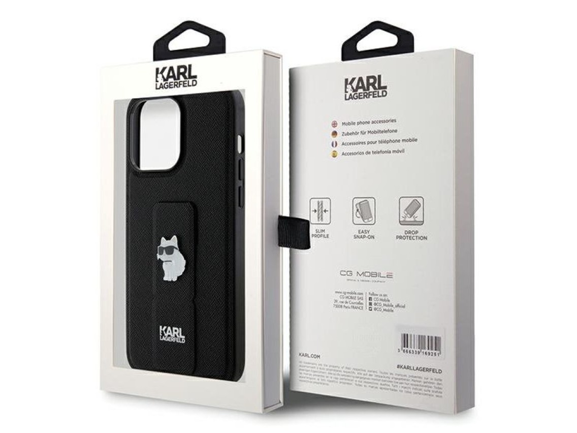 Capa Karl Lagerfeld Gripstand Saffiano Choupette Pins para iPhone 13 Pro Max - preta