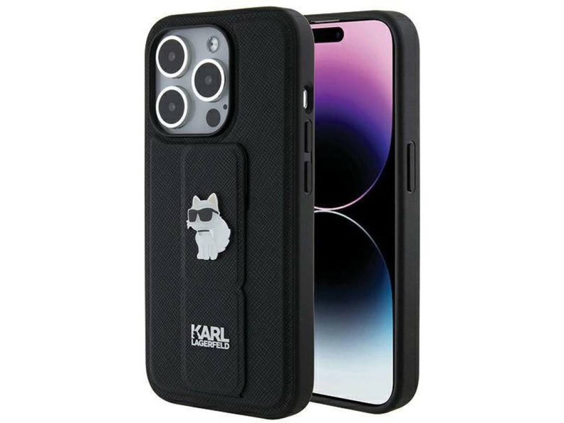 Karl Lagerfeld Gripstand Saffiano Choupette Pins case for iPhone 14 Pro - black