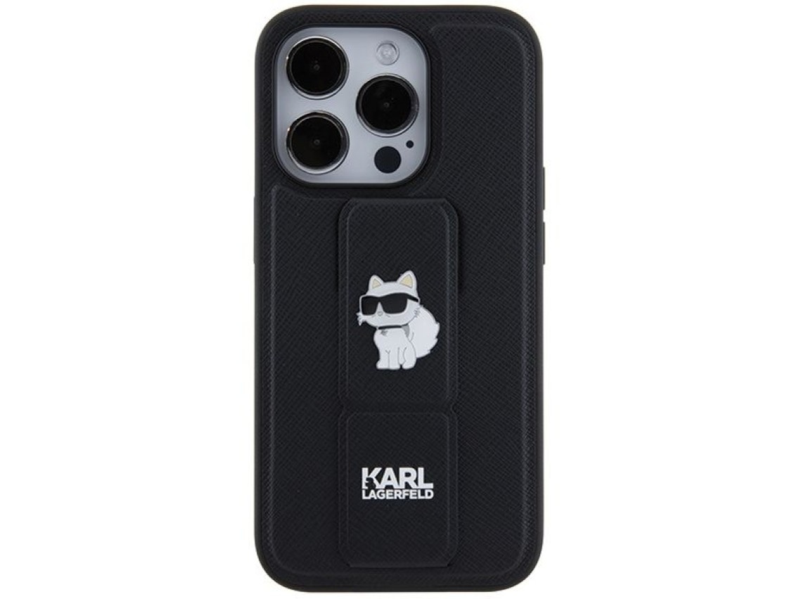 Karl Lagerfeld Gripstand Saffiano Choupette Pins case for iPhone 14 Pro - black