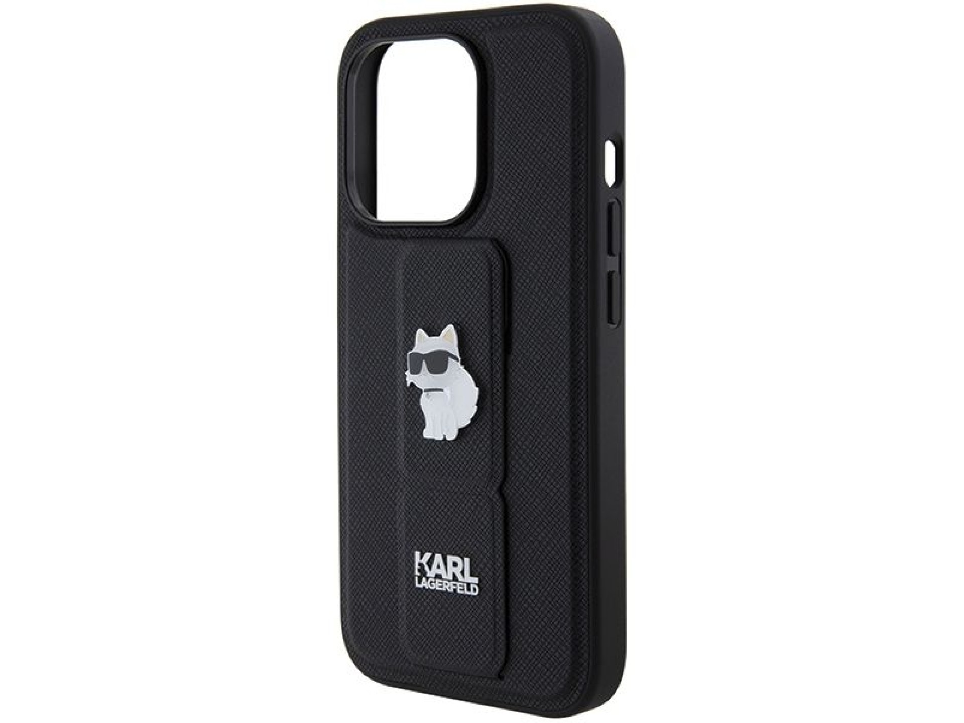 Karl Lagerfeld Gripstand Saffiano Choupette Pins case for iPhone 14 Pro - black