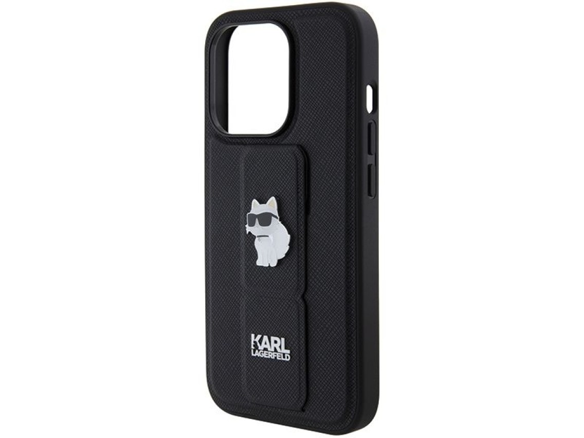 Karl Lagerfeld Gripstand Saffiano Choupette Pins case for iPhone 14 Pro - black